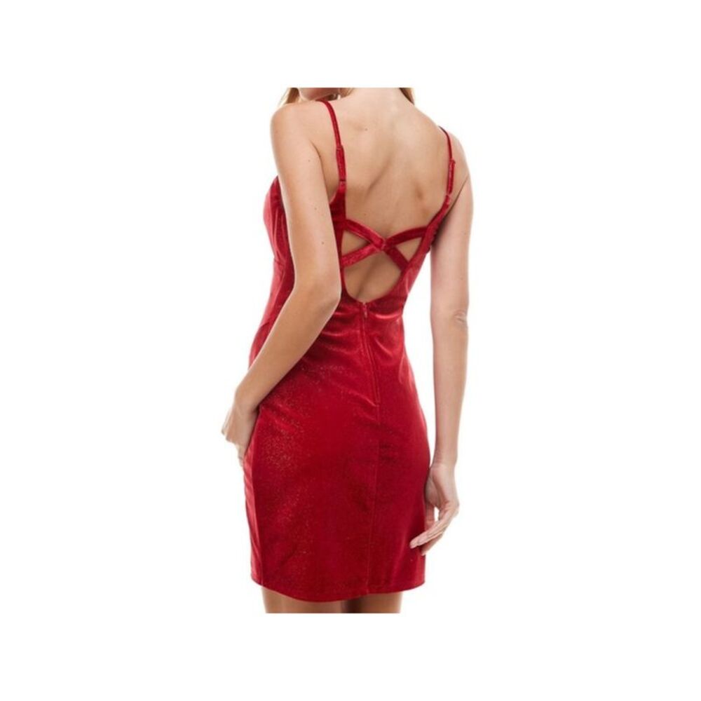 CITY STUDIO Womens Body Con Short Dress Red Spaghetti Strap Velvet Juniors 13 - Picture 2 of 2